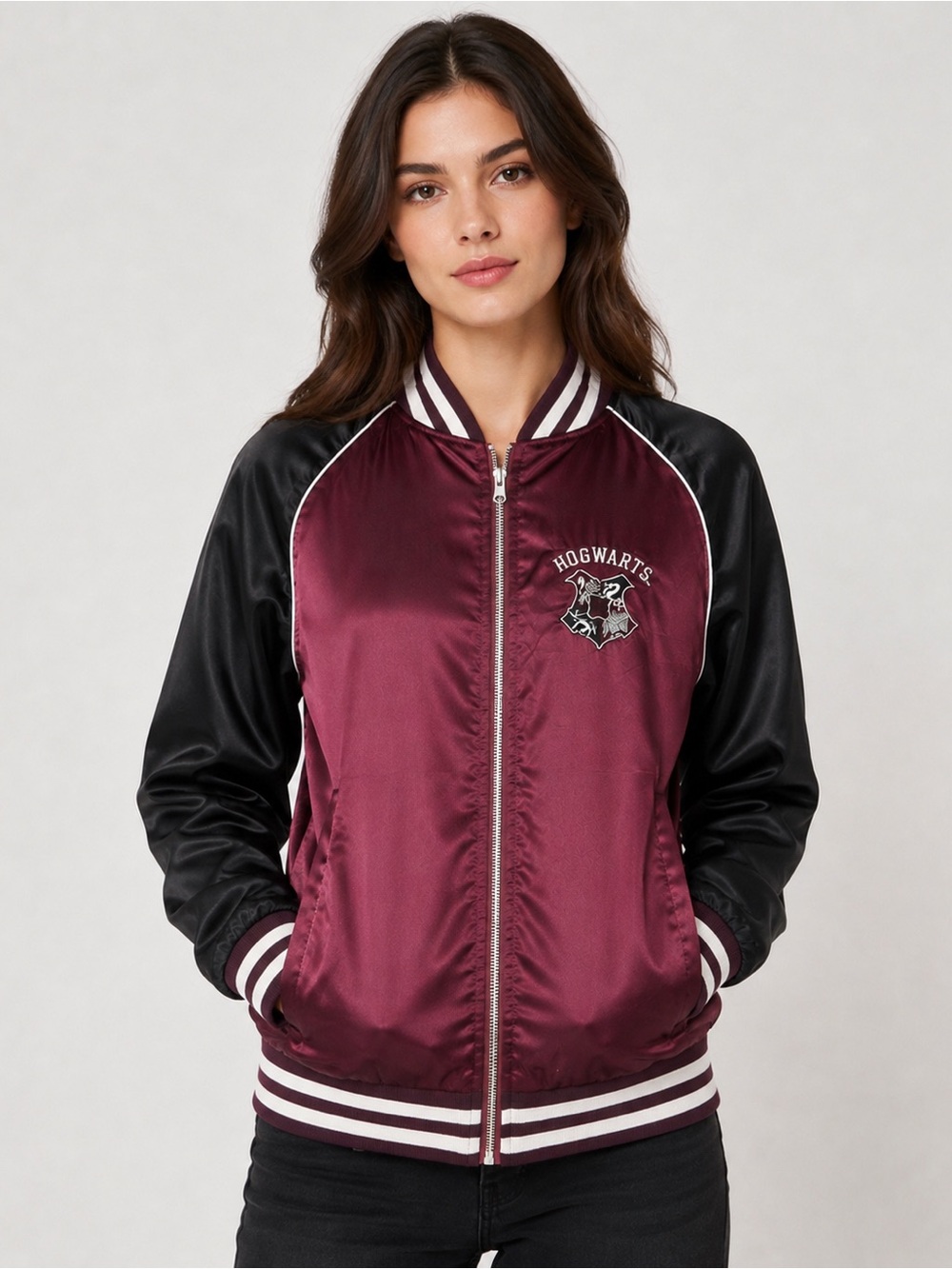 Harry Potter Hogwarts Satin Purple and Black Varsity Jacket Size L - Picture 1 of 8